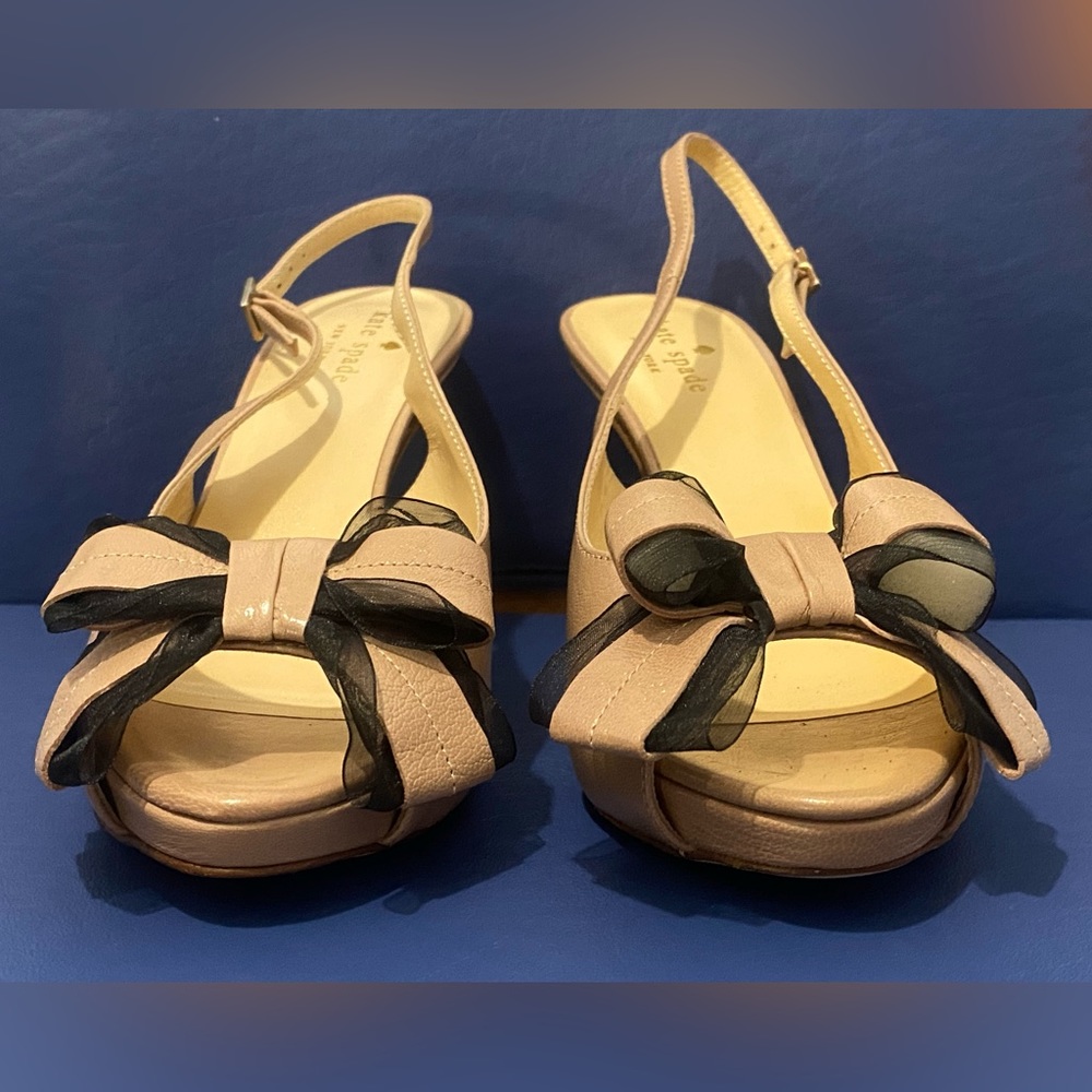 New Kate Spade New York Billow bow sling back beige heeled peep toe sandals - Picture 2 of 14
